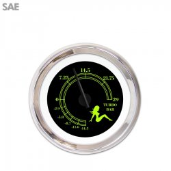 Turbo Gauge SAE Mudflap Gn Text, Black, Black Modern Needles, Chrome Trim Rings - Part Number: GAR171ZEXMABCC