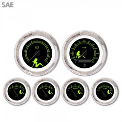 6 Gauge Set SAE Mudflap Gn Text, Black, Black Modern Needles, Chrome Trim Rings - Part Number: GAR171ZEXRABCC