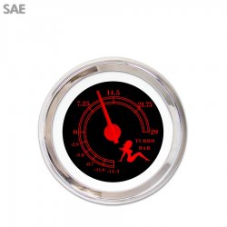 Turbo Gauge SAE Mudflap Red Text, Black, Red Modern Needles, Chrome Trim Rings - Part Number: GAR173ZEXMABCE
