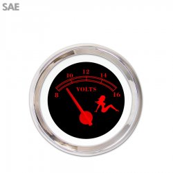Volt Gauge - SAE Mudflap Red Text, Black, Red Modern Needles, Chrome Trim Rings - Part Number: GAR173ZEXNABCE