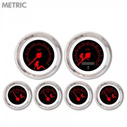 6 Gauge Set Metric Mudflap Rd Text, Black, Rd Modern Needles, Chrome Trim Rings - Part Number: GAR173ZMXRABCE