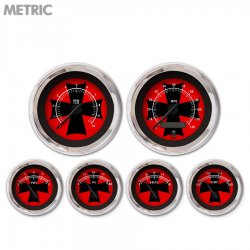 6 Gauge Set - Metric Iron Cross Red, Black Modern Needles, Chrome Trim Rings - Part Number: GAR175ZMXRABCC