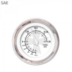 Turbo Gauge - SAE Iron Cross White, White Modern Needles, Chrome Trim Rings - Part Number: GAR180ZEXMABCD