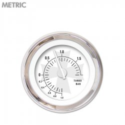 Turbo Gauge - Metric Iron Cross White, White Modern Needles, Chrome Trim Rings - Part Number: GAR180ZMXMABCD