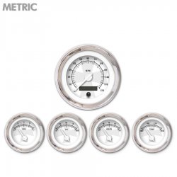 5 Gauge Set - Metric Iron Cross White, White Modern Needles, Chrome Trim Rings - Part Number: GAR180ZMXQABCD