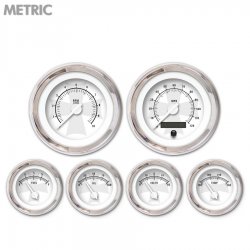 6 Gauge Set - Metric Iron Cross White, White Modern Needles, Chrome Trim Rings - Part Number: GAR180ZMXRABCD