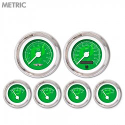 6 Ga. Set w/ emblem - Metric Ghost Flame Gn, Wht Mod Needles, Chrome Trim Rings - Part Number: GAR184ZMARABCD