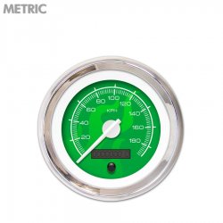 Speedo Gauge - Metric Ghost Flame Gn, White Modern Needles, Chrome Trim Rings - Part Number: GAR184ZMXHABCD
