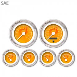 6 Gauge Set - SAE Ghost Flame Or, White Modern Needles, Chrome Trim Rings - Part Number: GAR187ZEXRABCD