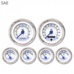6 Gauge Set w/ emblem - SAE Tribal White, Bl Modern Needles, Chrome Trim Rings - Part Number: GAR189ZEARABCF
