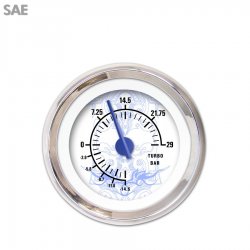 Turbo Gauge - SAE Tribal White, Bl Modern Needles, Chrome Trim Rings - Part Number: GAR189ZEXMABCF