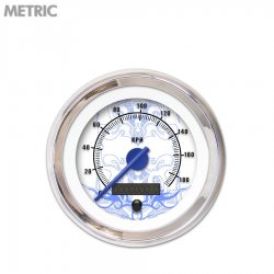 Speedo Gauge - Metric Tribal White, Bl Modern Needles, Chrome Trim Rings - Part Number: GAR189ZMXHABCF