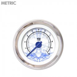 Tachometer Gauge - Tribal White, Bl Modern Needles, Chrome Trim Rings - Part Number: GAR189ZMXIABCF