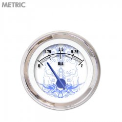 Oil Pressure Gauge - Metric Tribal White, Bl Modern Needles, Chrome Trim Rings - Part Number: GAR189ZMXJABCF