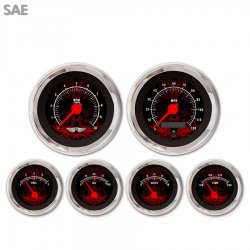 6 Gauge Set w/ emblem - SAE Tribal Black, Red Modern Needles, Chrome Trim Rings - Part Number: GAR192ZEARABCE