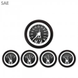 5 Gauge Set - SAE Carbon Fiber Gry Flame, Wht Modern Needles, Black Trim Rings - Part Number: GAR194ZEXQACCD