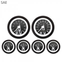 6 Gauge Set - SAE Carbon Fiber Gry Flame, Wht Modern Needles, Black Trim Rings - Part Number: GAR194ZEXRACCD