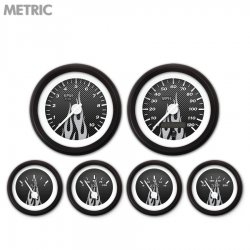 6 Gauge Set Metric Carbon Fiber Gray Flame, White Modern Needles, Black Rings - Part Number: GAR194ZMXRACCD