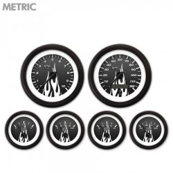 6 Gauge Set Metric Carbon Fiber White Flame, Black Modern Needles, Black Rings - Part Number: GAR195ZMXRACCC