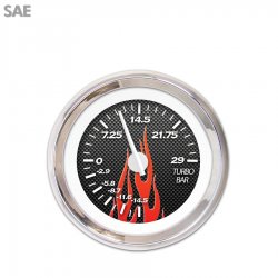 Turbo Gauge - SAE Carbon Fiber Red Flame, Wht Modern Needles, Chrome Trim Rings - Part Number: GAR196ZEXMABCD