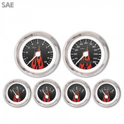 6 Gauge Set - SAE Carbon Fiber Red Flame, Wht Modern Needles, Chrome Trim Rings - Part Number: GAR196ZEXRABCD