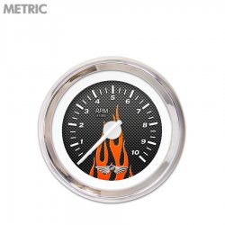 Tach Ga. w/ emblem - CF Rd Flame, White Modern Needles, Chrome Trim Rings - Part Number: GAR196ZMAIABCD