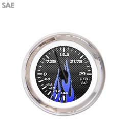 Turbo Gauge SAE Carbon Fiber Black Flame, Black Modern Needles, Chrome Rings - Part Number: GAR197ZEXMABCC