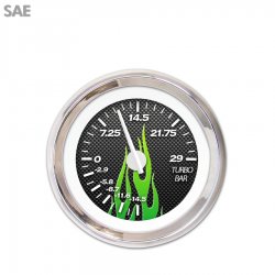 Turbo Gauge - SAE Carbon Fiber Gn Flame, Wht Modern Needles, Chrome Trim Rings - Part Number: GAR198ZEXMABCD