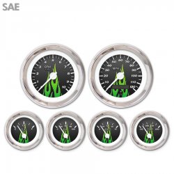 6 Gauge Set - SAE Carbon Fiber Gn Flame, Wht Modern Needles, Chrome Trim Rings - Part Number: GAR198ZEXRABCD