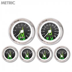 6 Ga. Set w/ emblem - Metric CF Gn Flame, Wht Modern Needles, Chrome Trim Rings - Part Number: GAR198ZMARABCD