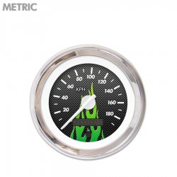 Speedo Ga. - Metric CF Gn Flame, White Modern Needles, Chrome Trim Rings - Part Number: GAR198ZMXHABCD