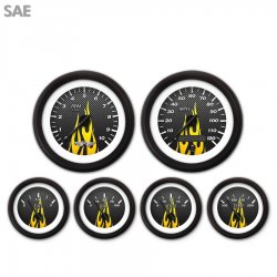 6 Ga. Set w/ emblem SAE CF Yellow Flame, Black Modern Needles, Black Trim Rings - Part Number: GAR199ZEARACCC