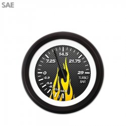 Turbo Gauge SAE Carbon Fiber Yellow Flame, Black Modern Needles, Black Rings - Part Number: GAR199ZEXMACCC