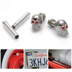 Chrome Skull with Red Eyes 2 Valve Cap, Door Plunger, Plate Bolt Combo Kit - Part Number: VPAVK3SCH